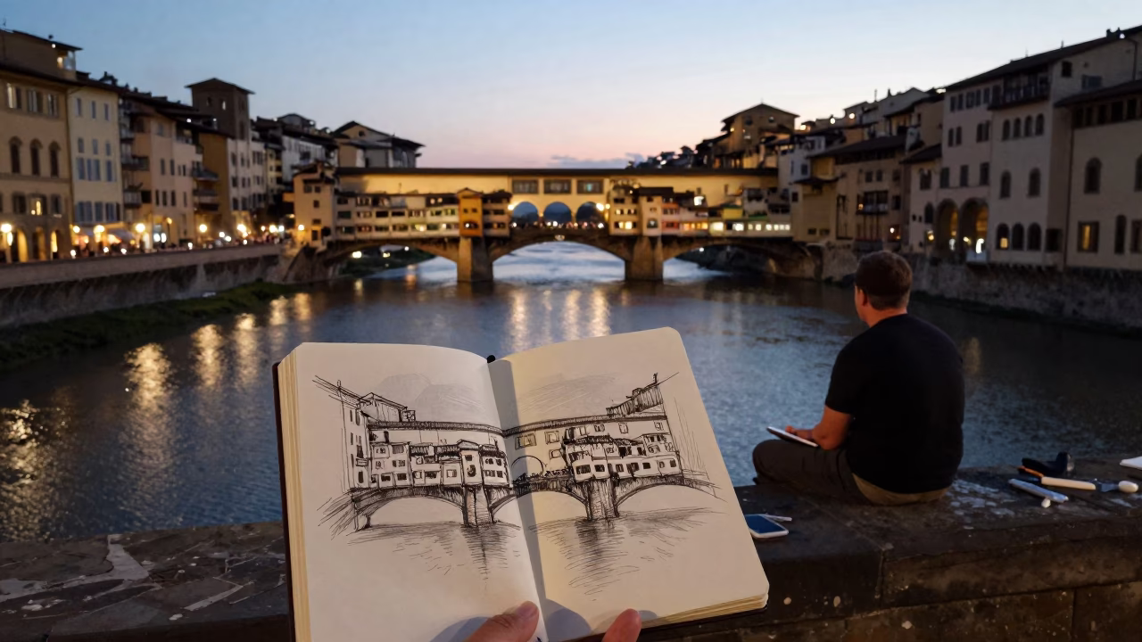Florence Italy Evening Street Scene with Artist Sketchbook and Cobblestone Plaza in in Florence, Italy