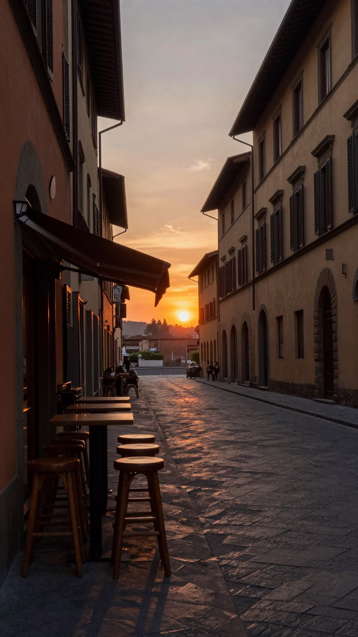 Florence Italy Evening Street Scene with Bar Stools and Sunset Horizon in in Florence, Italy
