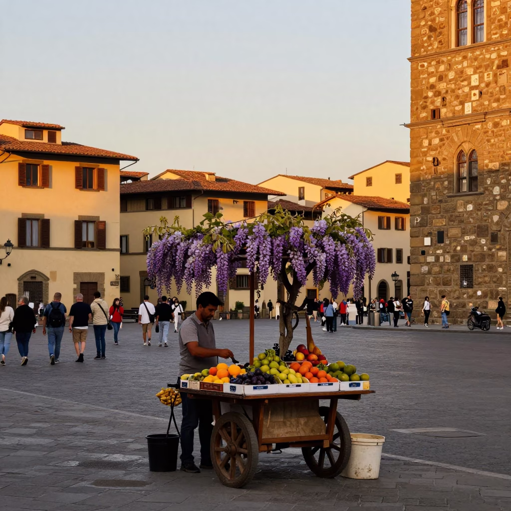 Florence Italy Evening Street Scene with Fruit Vendor and Wisteria Pergola in in Florence, Italy