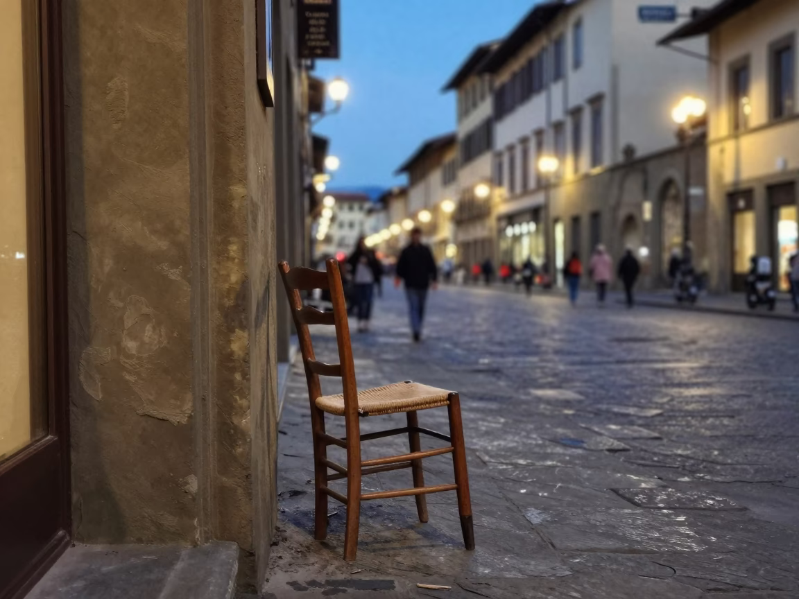 Florence Italy Evening Street Scene with Ladder Back Chair and Climbing Jasmine in in Florence, Italy