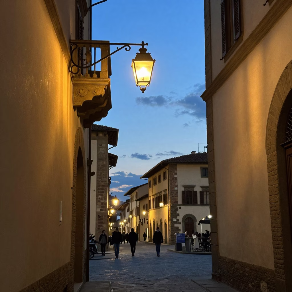 Florence Italy Evening Street Scene with Lantern Glow and Historic Architecture in in Florence, Italy