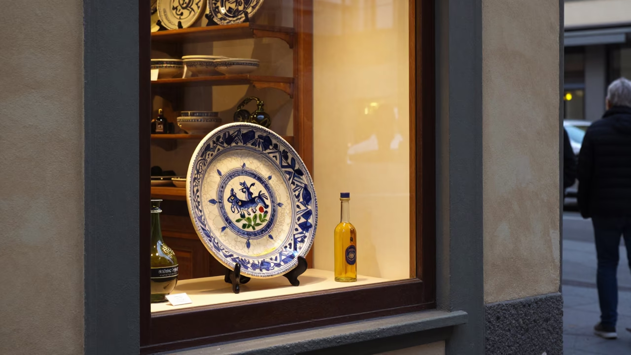 Florence Italy Evening Street Scene with Majolica Plate and Oil Lamp in in Florence, Italy
