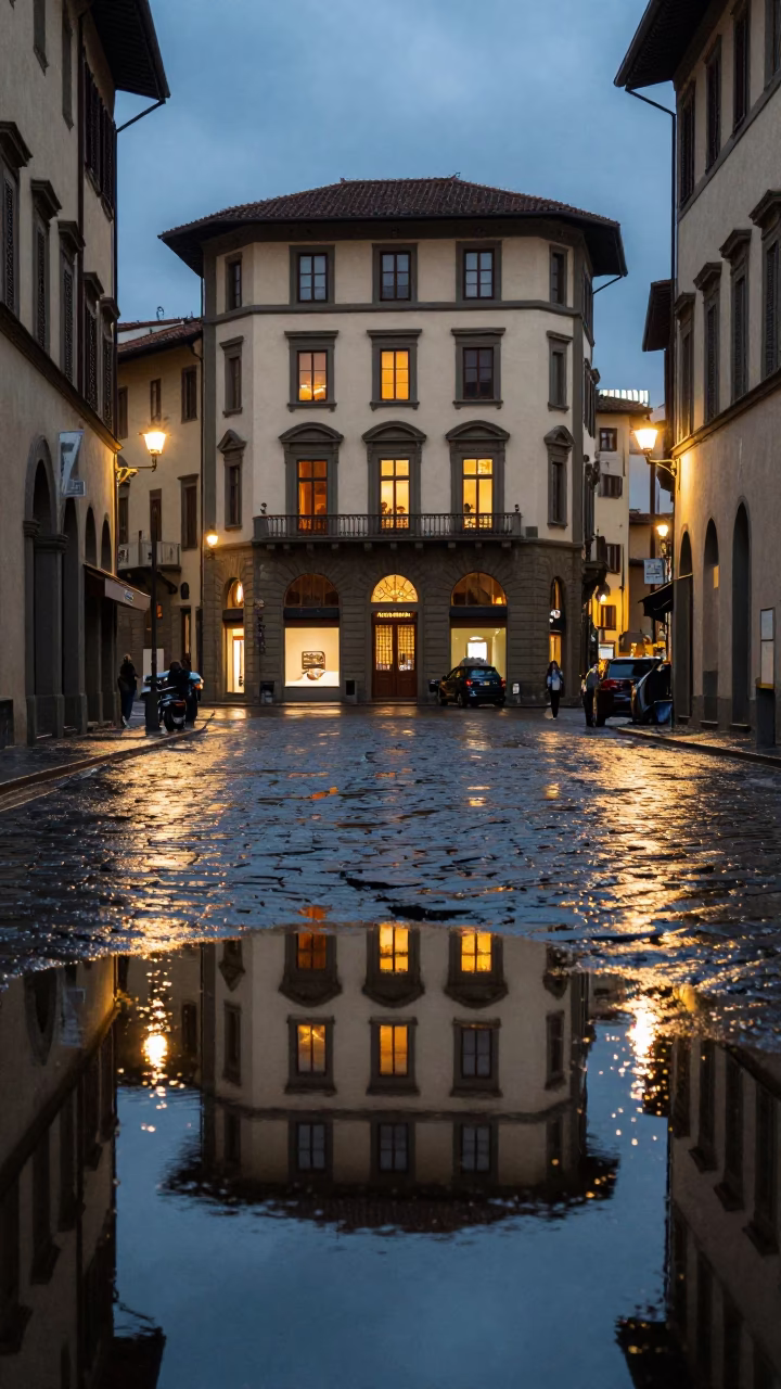 Florence Italy Evening Street Scene with Puddle Reflections of Hotel Windows and Tail Lights in in Florence, Italy