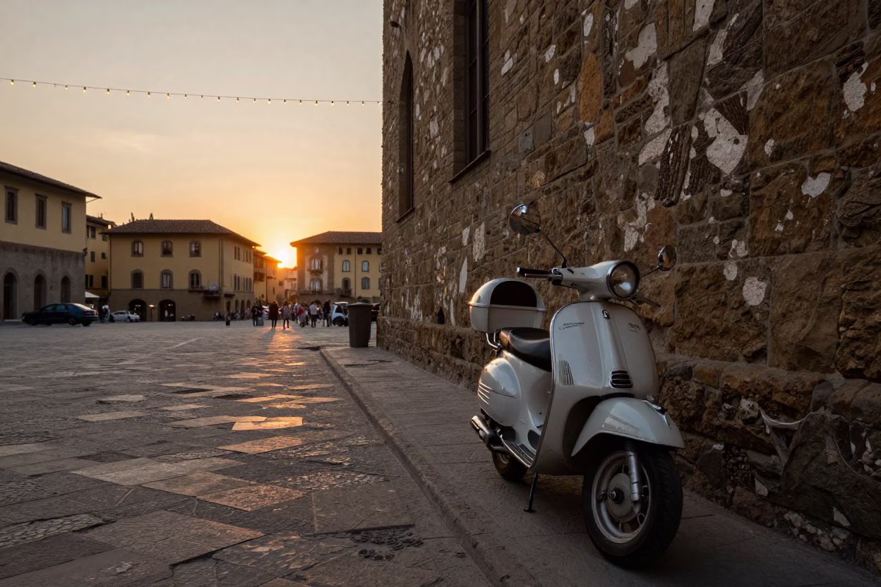 Florence Italy Evening Street Scene with String Lights and Vintage Motorcycle Near Historic Piazza in in Florence, Italy