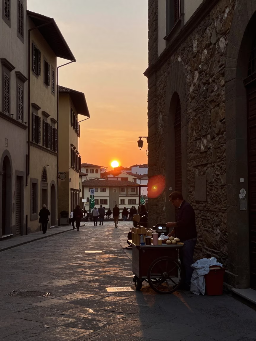 Florence Italy Evening Street Scene with Vintage Items and Local Life in in Florence, Italy