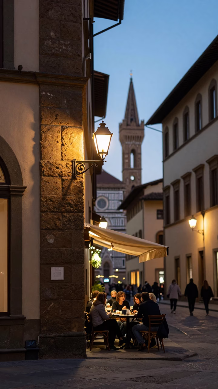 Florence Italy Evening Street Scene with Wall Sconce and Local Diners in in Florence, Italy
