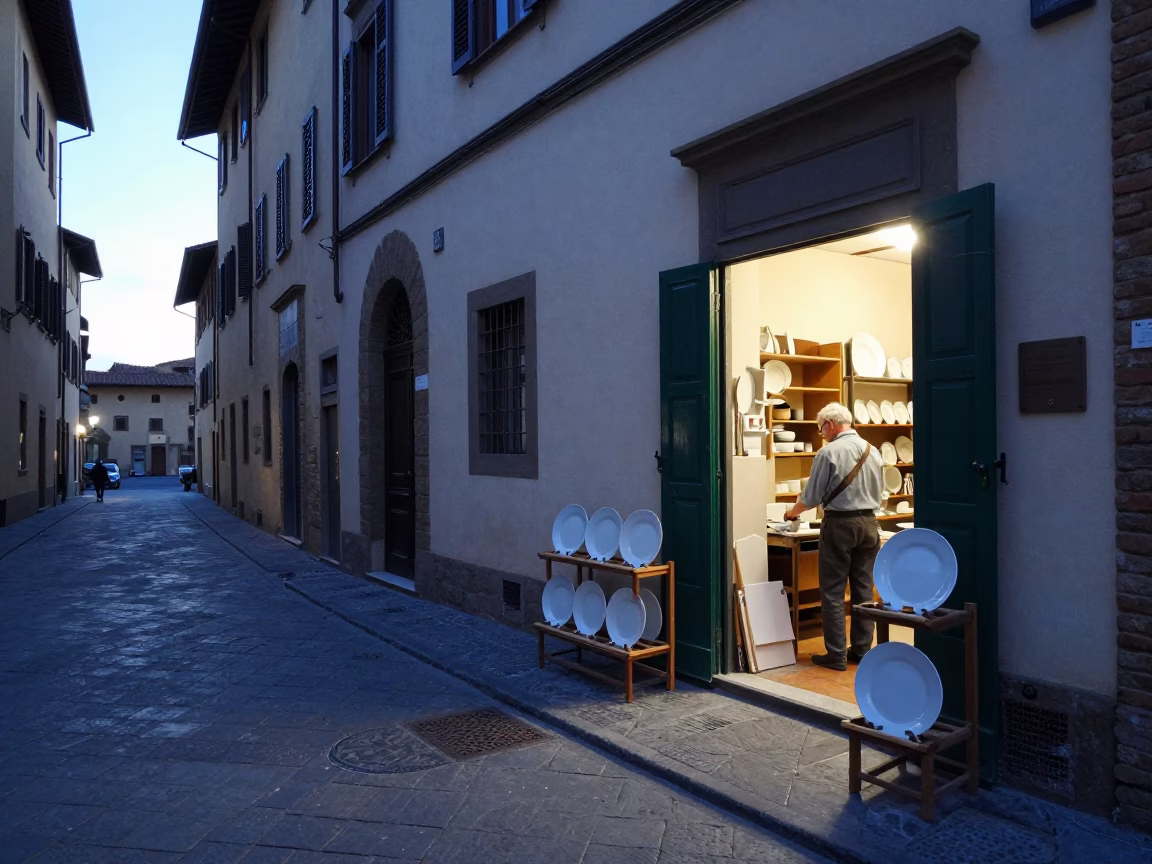 Florence Italy First Light Dawn Street Scene with Blue White Porcelain and Measuring Tapes in in Florence, Italy