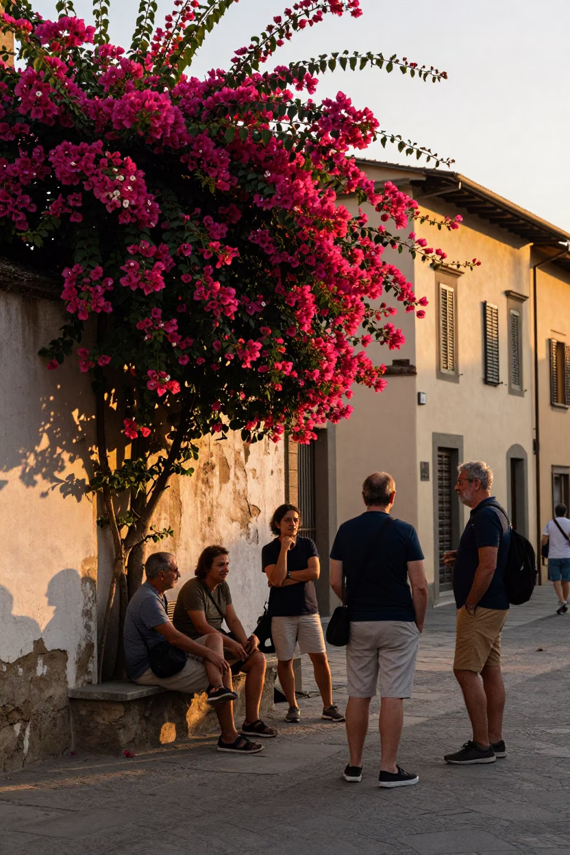 Florence Italy Golden Hour Street Scene with Bougainvillea and Local Life in in Florence, Italy