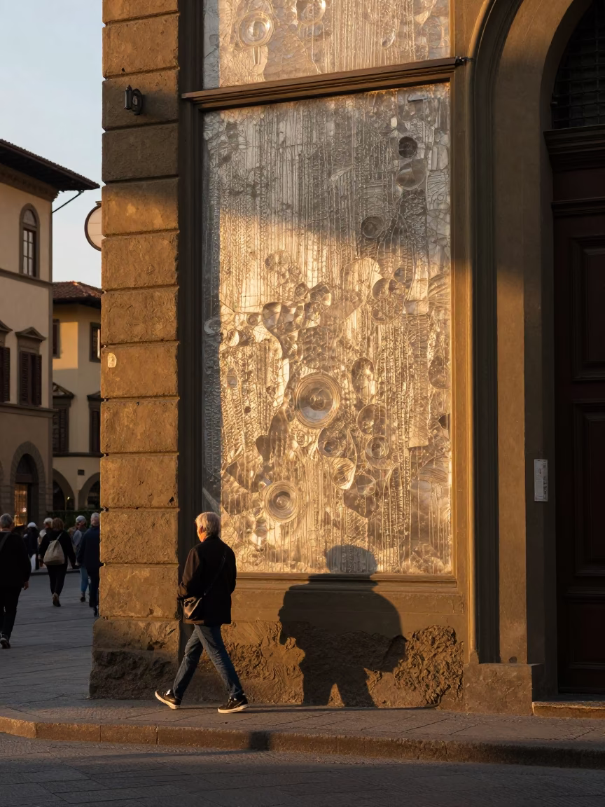 Florence Italy Golden Hour Street Scene with Brass Plaster Wall and Steel Detail in in Florence, Italy