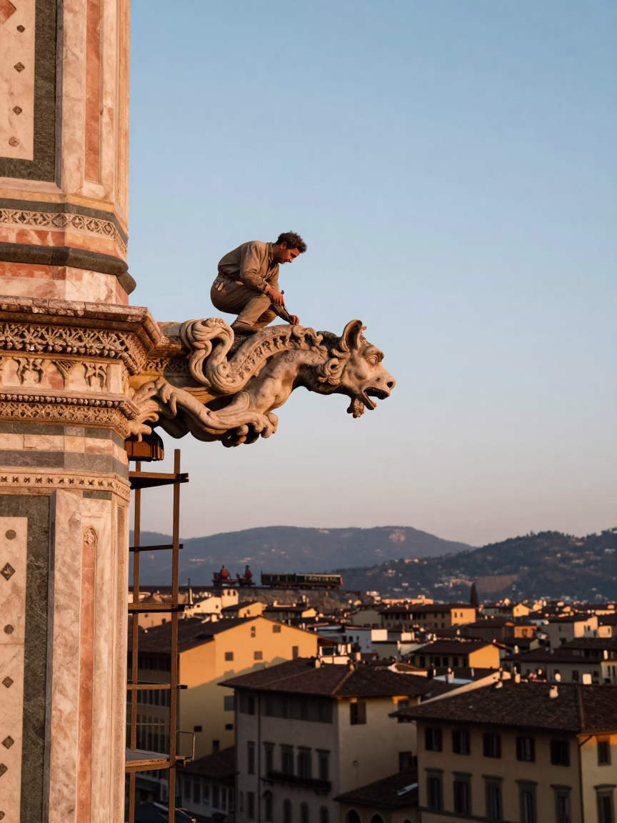Florence Italy Honeyed Evening Light Stone Mason Chiseling Gargoyle Cathedral Scaffold in in Florence, Italy