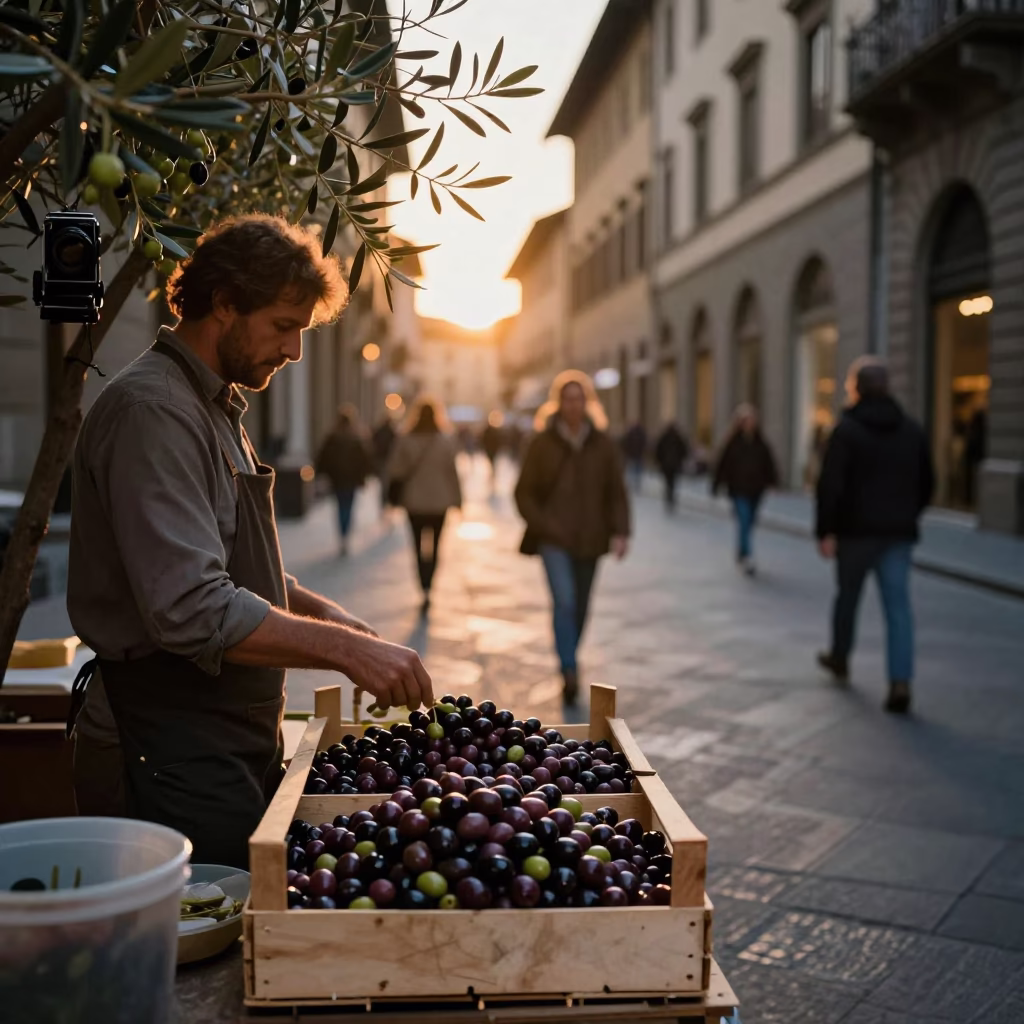 Florence Italy Honeyed Evening Light Street Scene with Olives and Local Life in in Florence, Italy