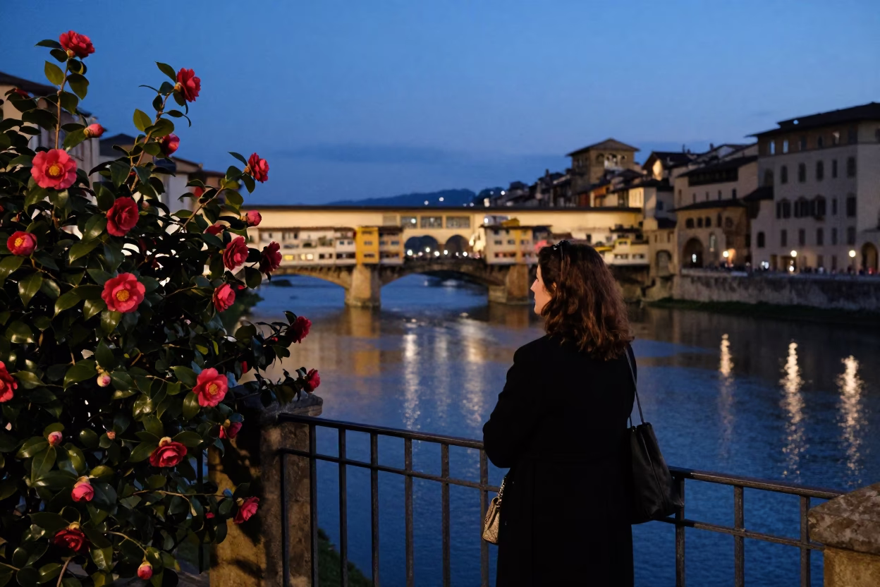 Florence Italy indigo twilight street scene with camellia and local cafe interaction in in Florence, Italy