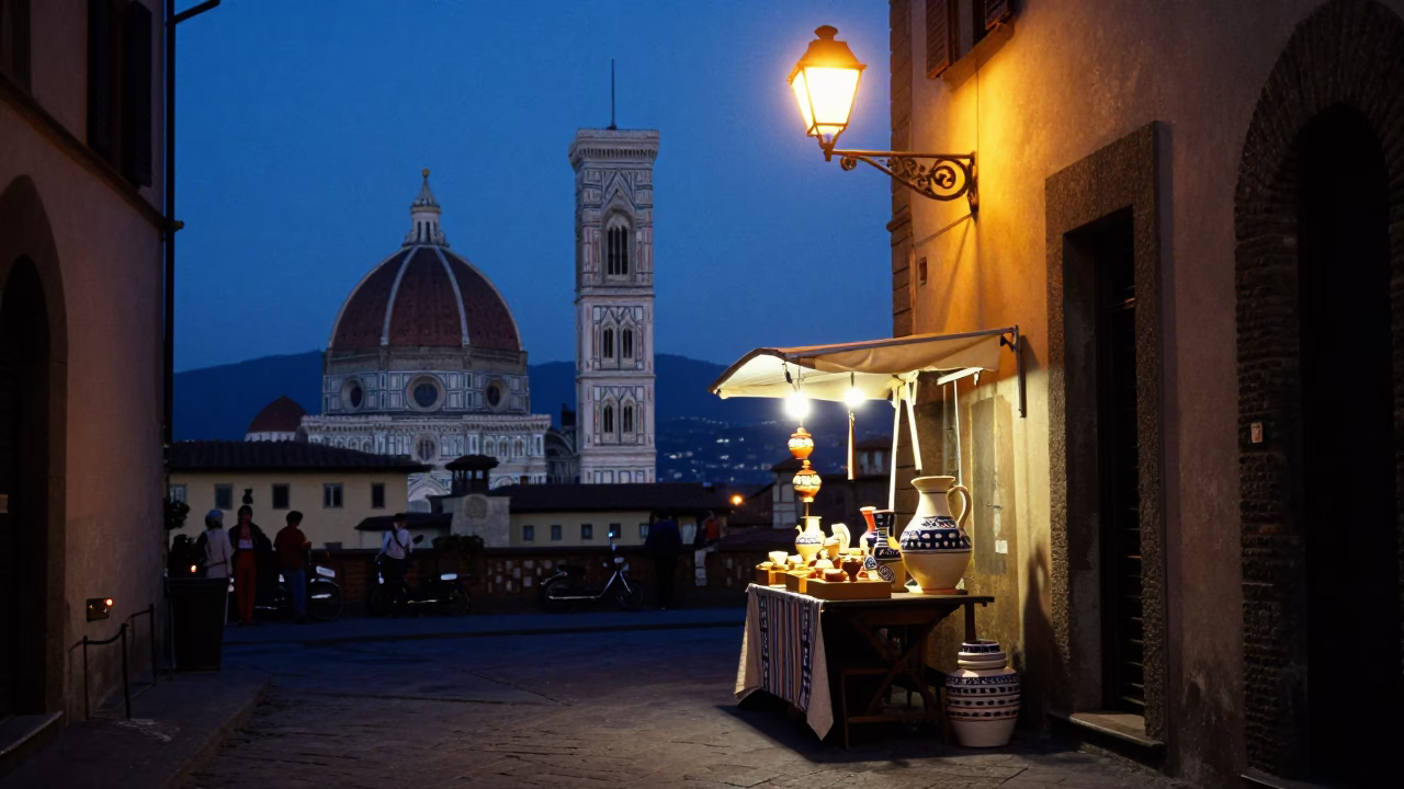Florence Italy indigo twilight street scene with ceramic pitcher and eggplants in in Florence, Italy