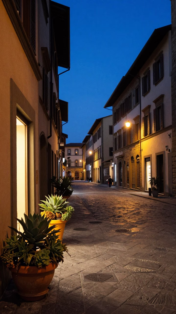 Florence Italy Indigo Twilight Street Scene with Succulents and Urban Life in in Florence, Italy