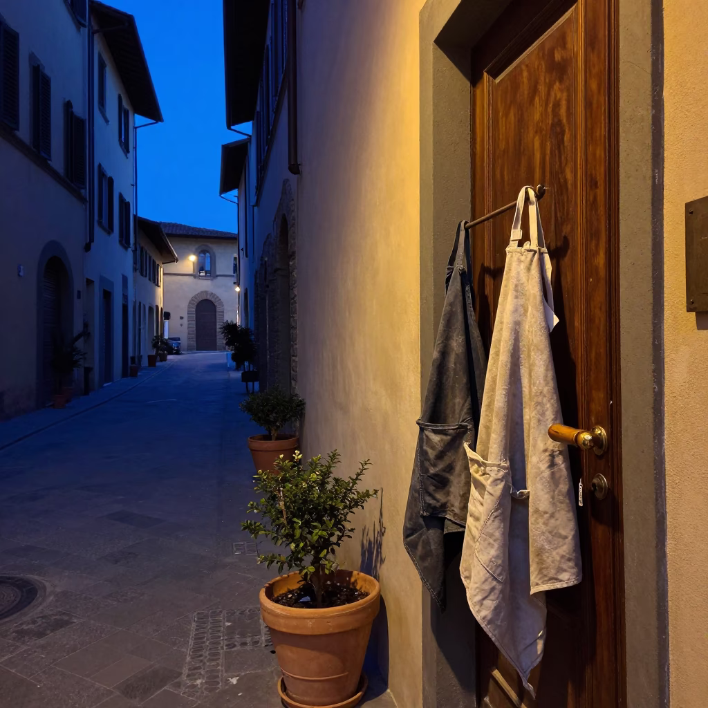 Florence Italy indigo twilight street scene with terracotta pots and local life details in in Florence, Italy