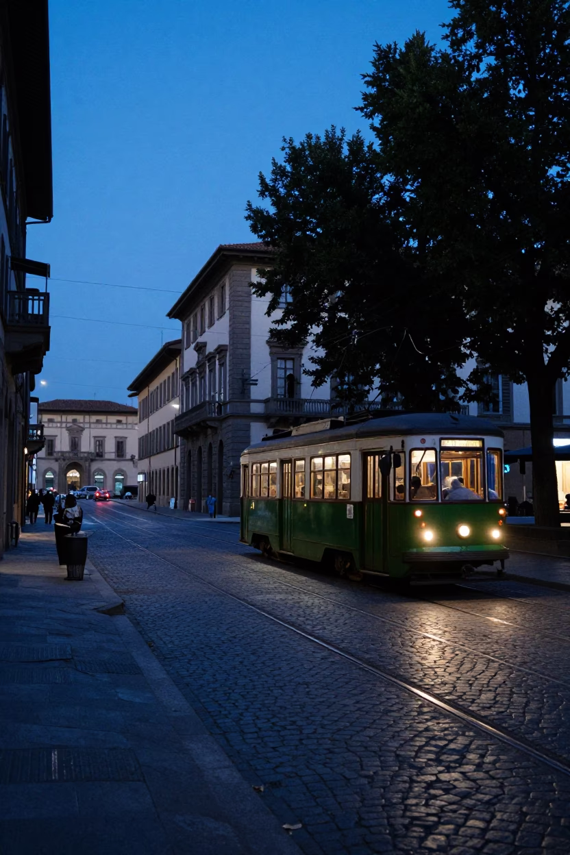 Florence Italy Indigo Twilight Street Scene with Tram and Historic Architecture in in Florence, Italy