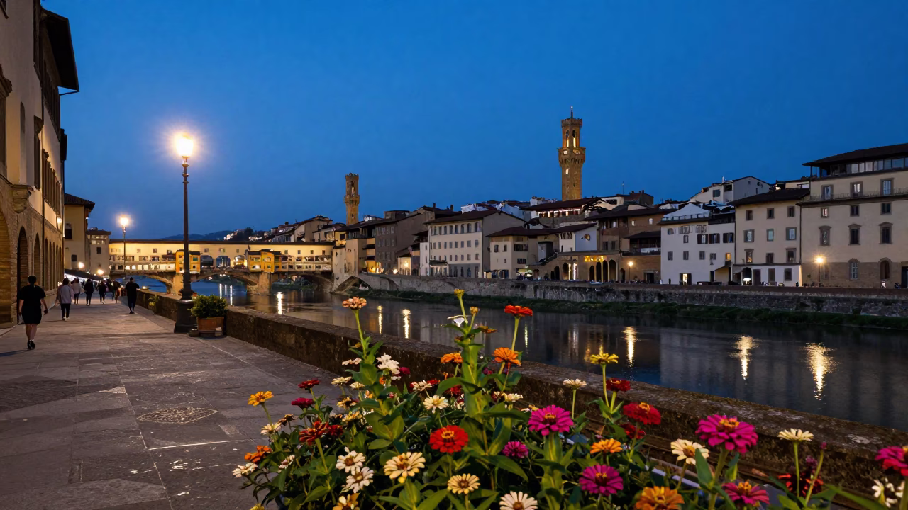 Florence Italy indigo twilight street scene with zinnias and local interaction in in Florence, Italy