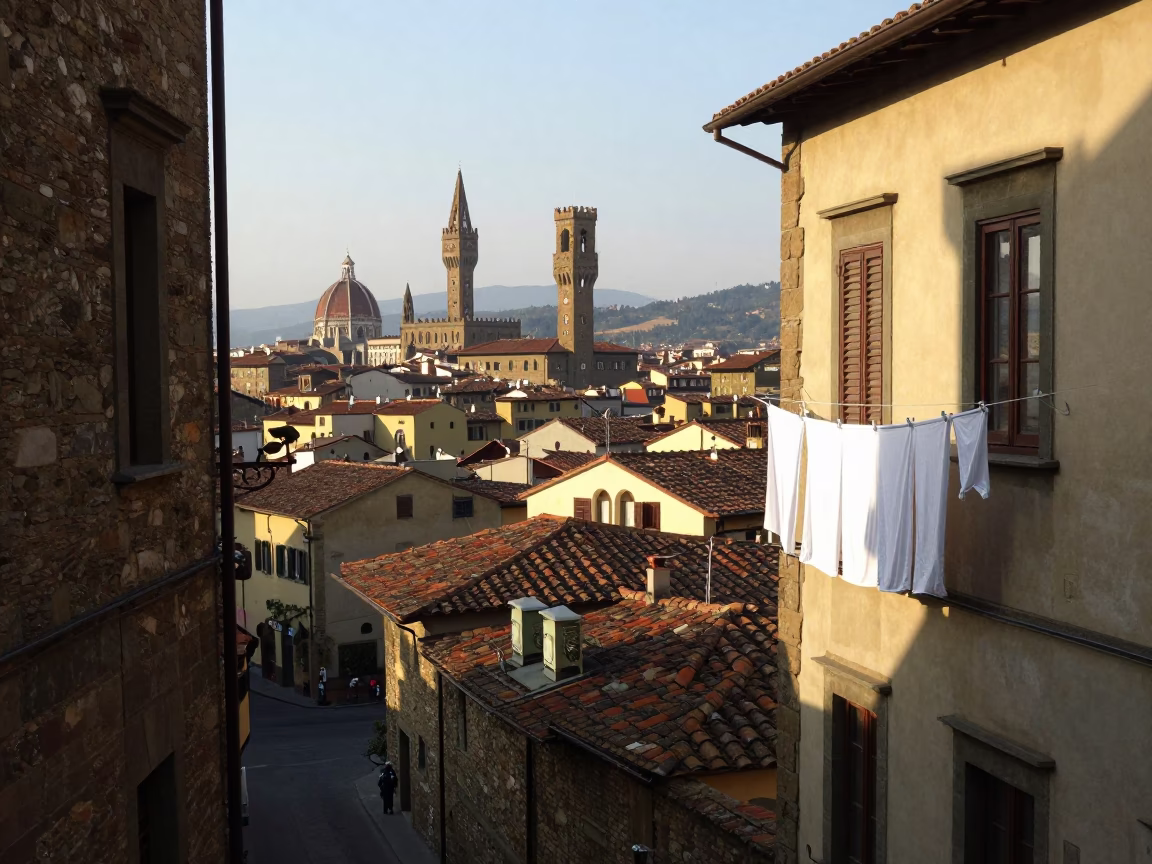 Florence Italy Morning Street Scene with Clothesline and Substation Details in in Florence, Italy