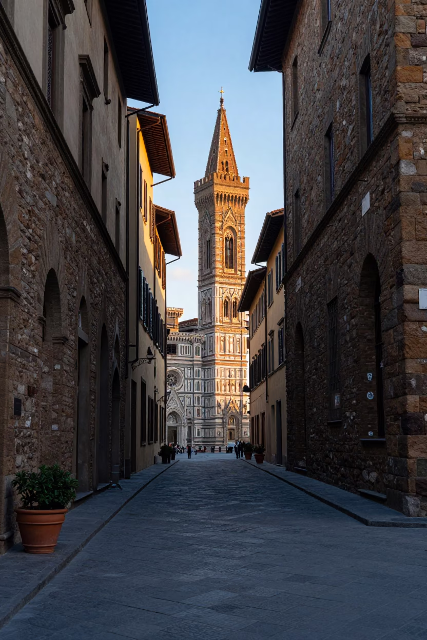 Florence Italy Nautical Dawn Street Scene with Terracotta Pot and Morning Light in in Florence, Italy