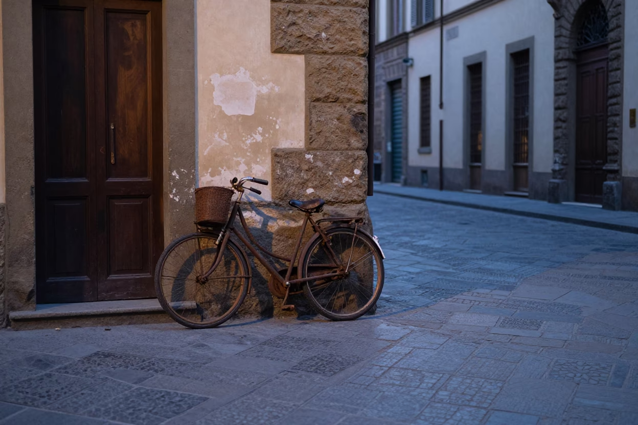 Florence Italy Nautical Dawn Street Scene with Vintage Bicycle and Majolica Plate in in Florence, Italy
