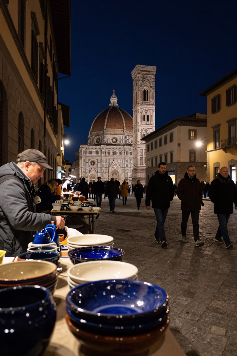 Florence Italy Night Street Scene With Glazed Ceramic And Outdoor Cinema in in Florence, Italy