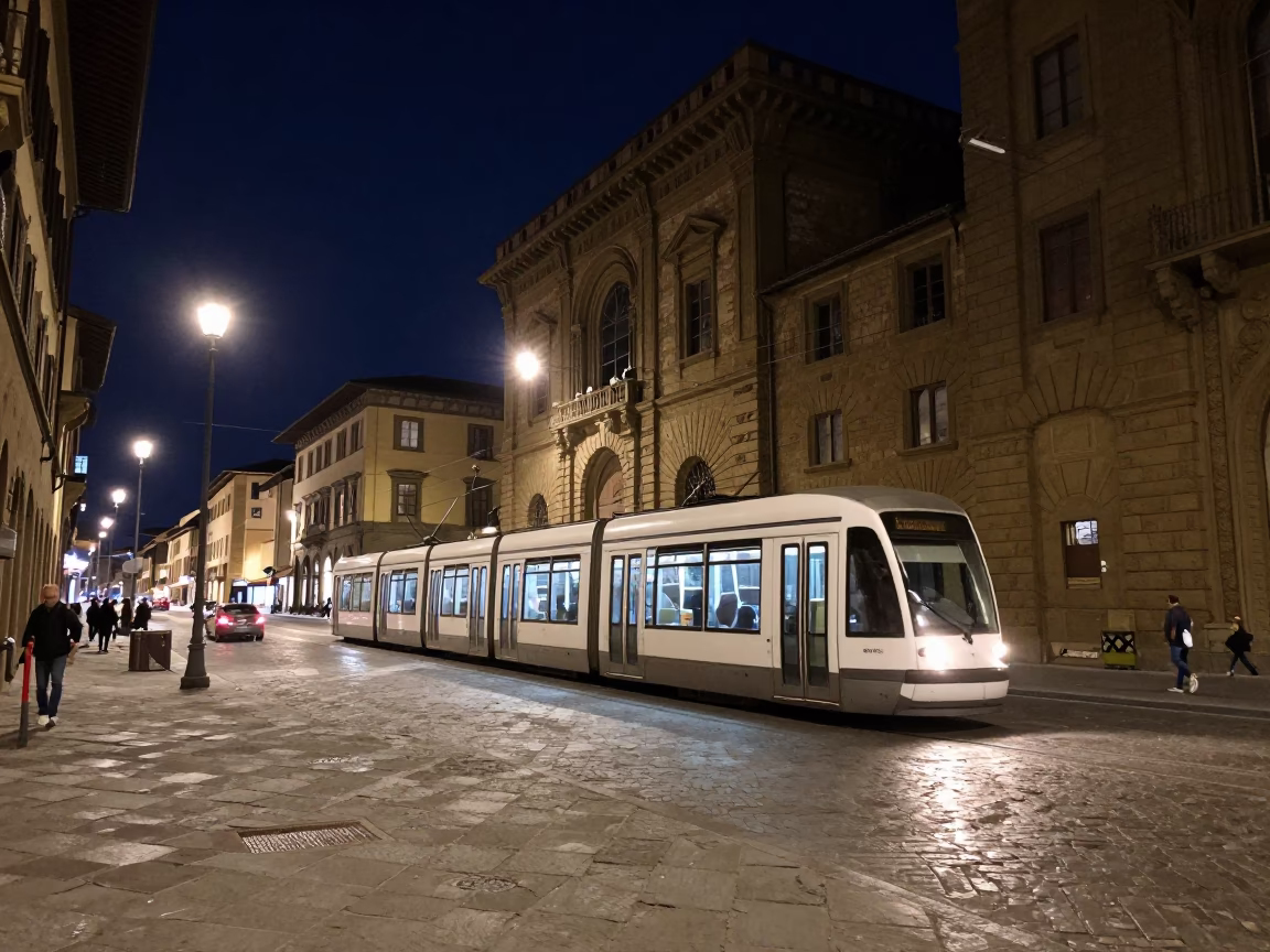 Florence Italy Night Street Scene with Tram and Historic Architecture in in Florence, Italy