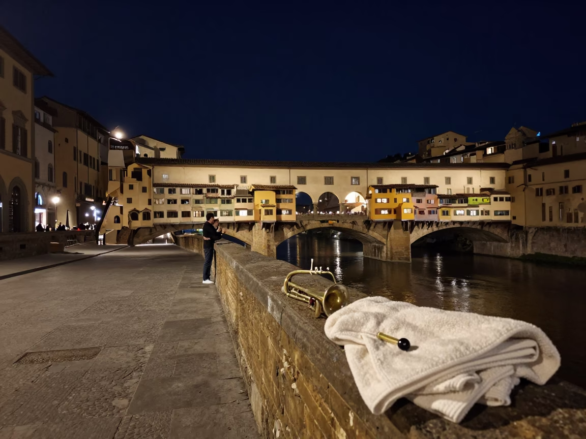 Florence Italy Night Street Scene with Trumpet Mute and Towel in in Florence, Italy
