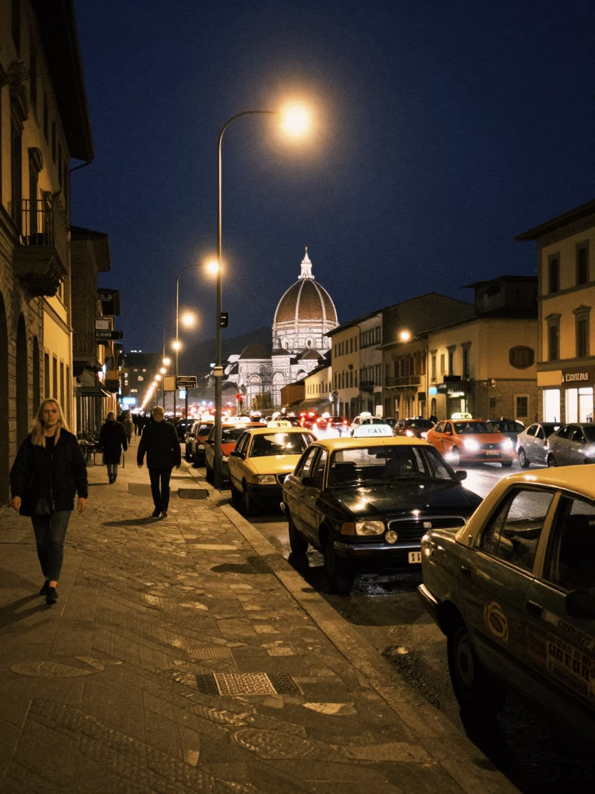 Florence Italy Night Street Scene with Vintage Taxi Rank and Brass Details in in Florence, Italy