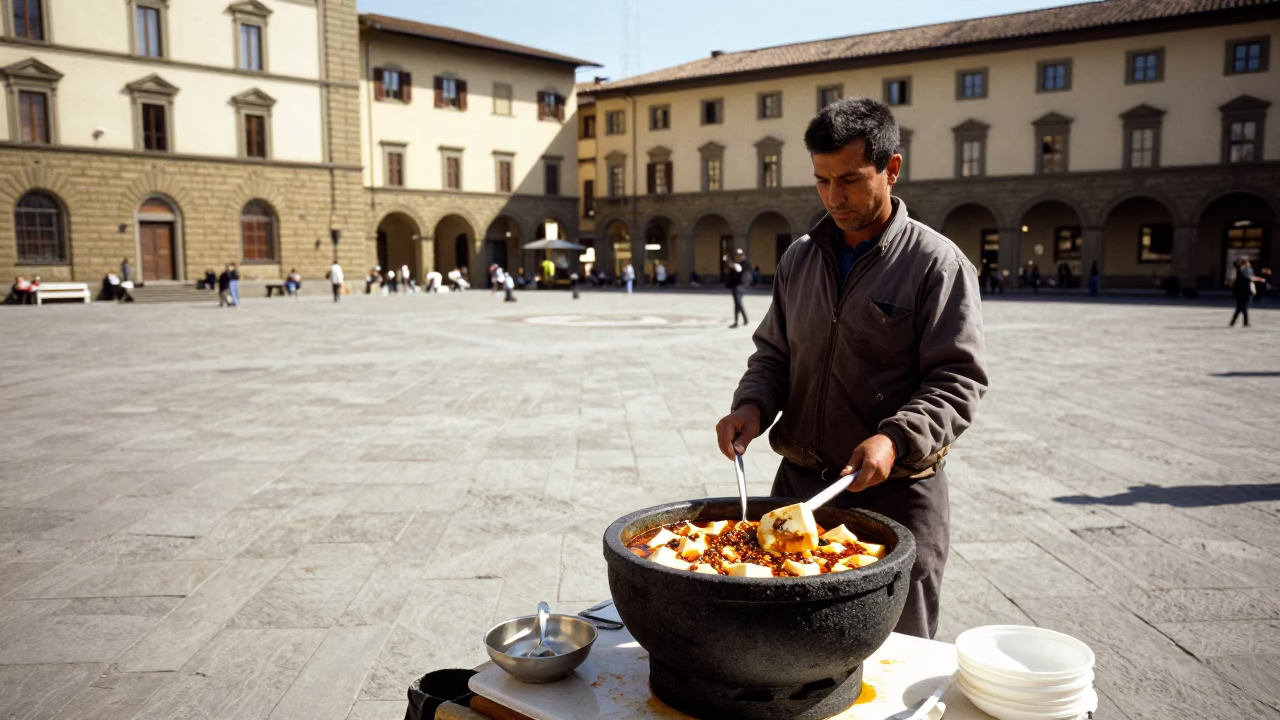 Florence Italy noon light stone pot mapo tofu university courtyard umbrellas bicycle rack in in Florence, Italy