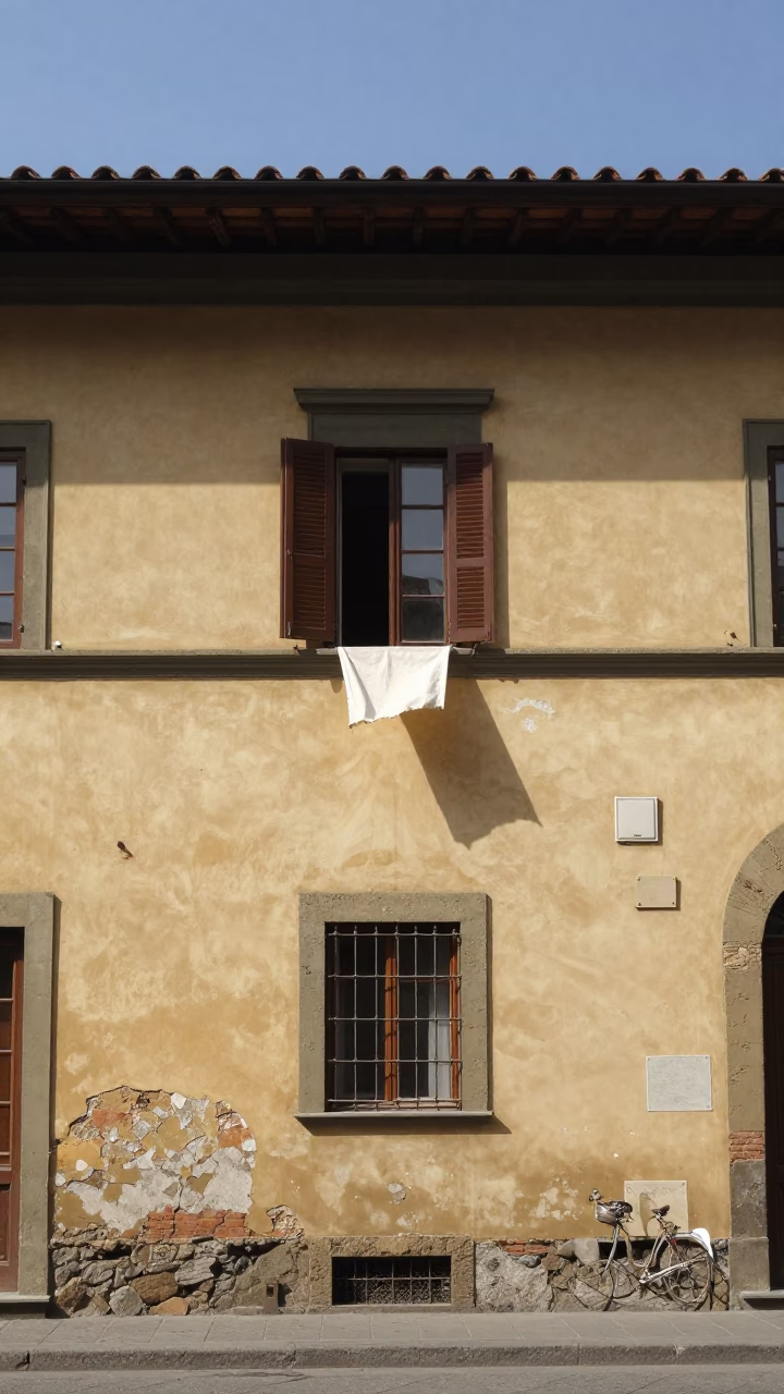Florence Italy Noon Street Scene with Open Window and Lifting Curtain in in Florence, Italy