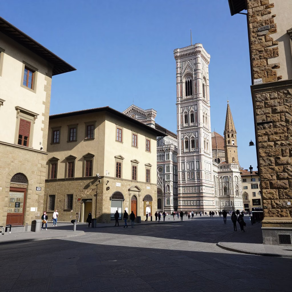 Florence Italy noon sunlight historic city center street scene with tourists and architecture in in Florence, Italy
