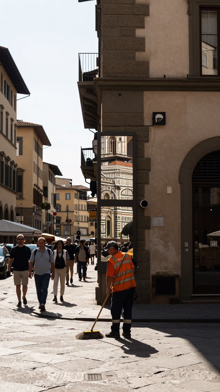 Florence Italy Noon Sunlight Reflecting Through Glass on Busy Street Corner in in Florence, Italy
