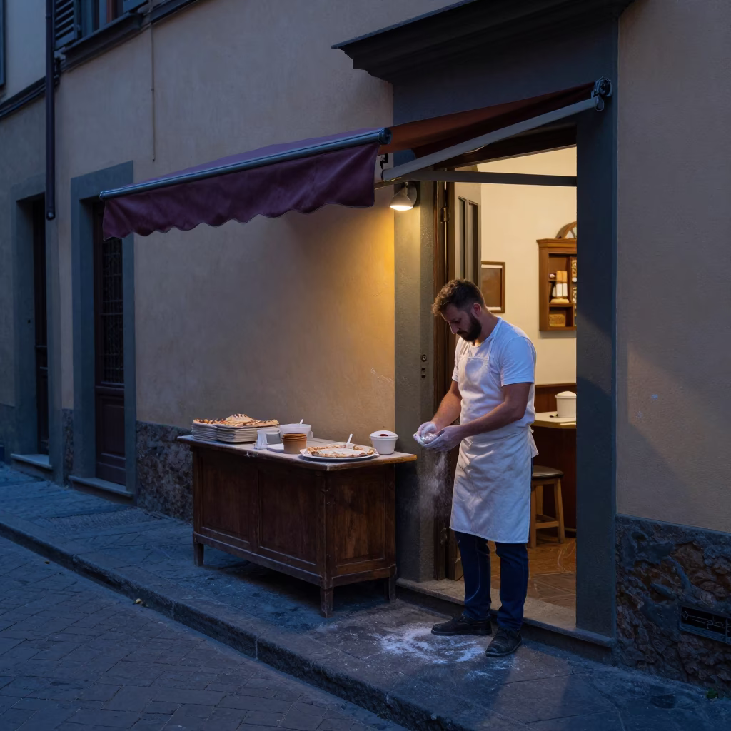 Florence Italy Pre-Dawn Street Scene with Local Baker and Traditional Bread in in Florence, Italy