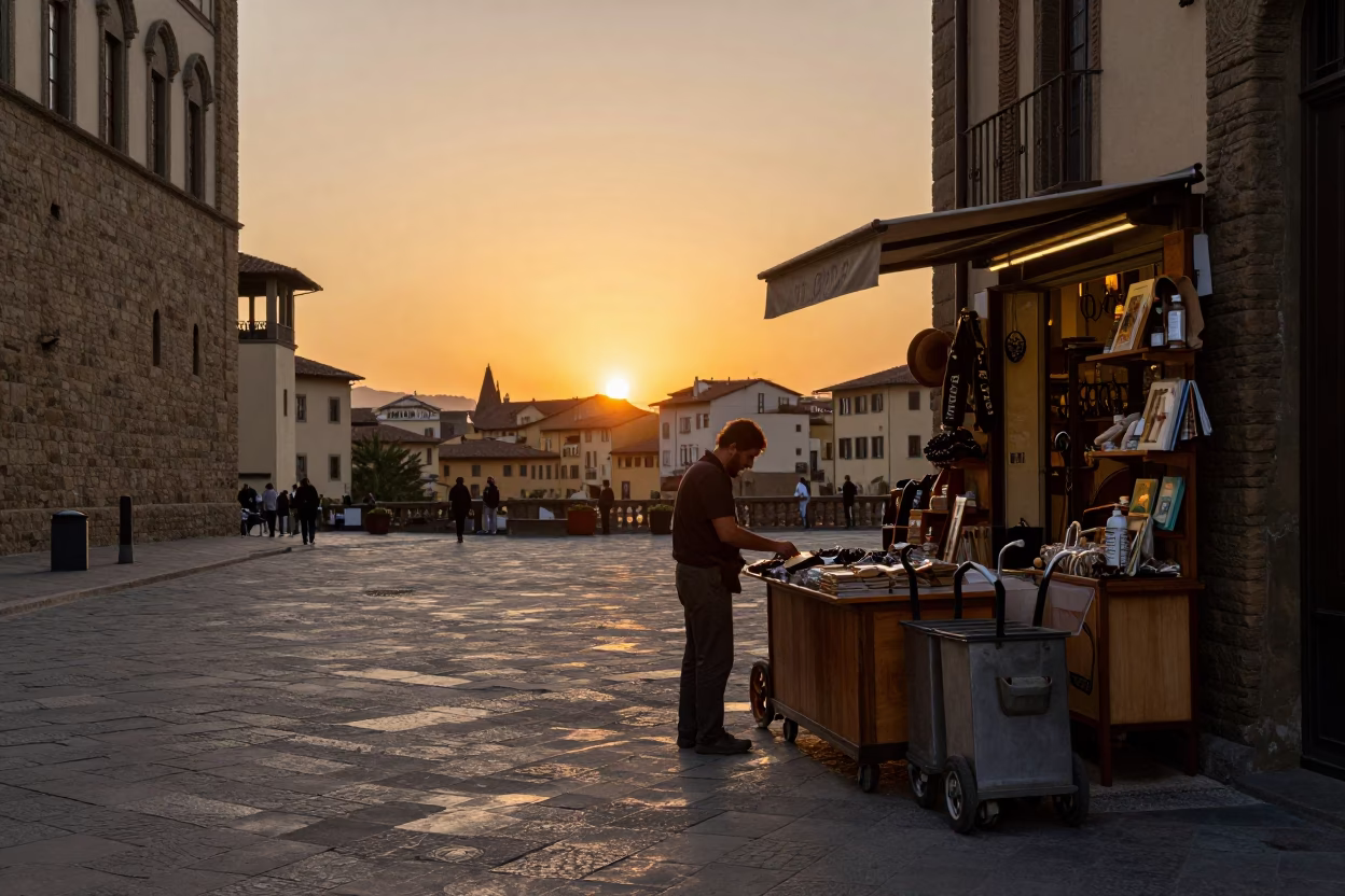 Florence Italy Street Scene at Sunset with Rolling Carts and Shopkeeper in in Florence, Italy