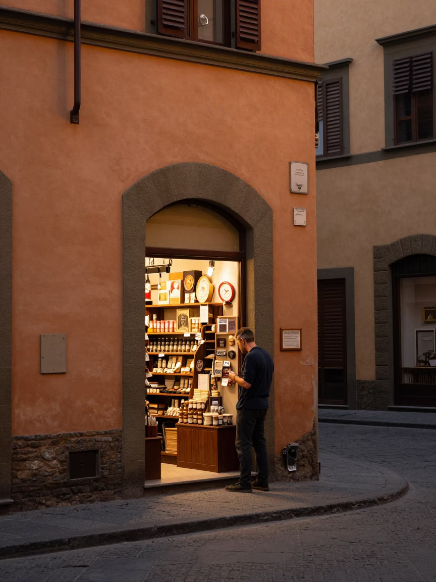 Florence Italy street scene copper dusk light local life and architecture in in Florence, Italy
