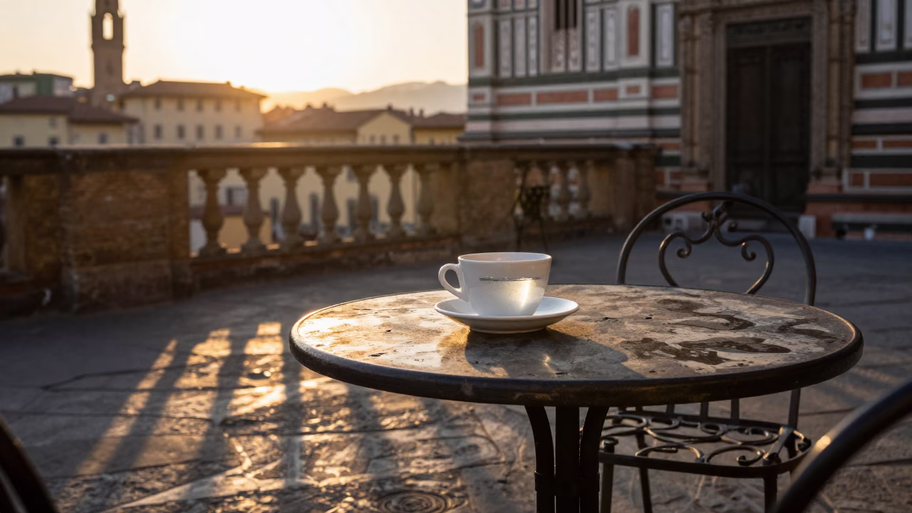 Florence Italy Sunrise Street Scene with Ceramic Cup and Water Marked Plaster Wall in in Florence, Italy