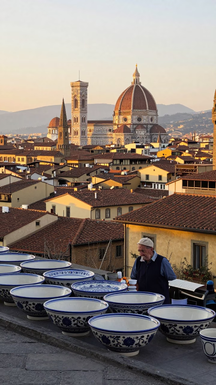 Florence Italy Sunrise Street Scene with Traditional Ceramic Soup Bowls in in Florence, Italy