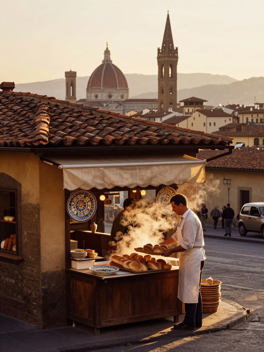 Florence Italy Sunrise Street Scene with Vintage Majolica Plate and Local Bakery Interaction in in Florence, Italy