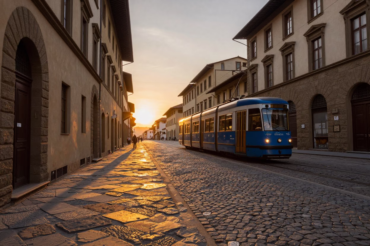 Florence Italy Sunset Cobblestone Street Scene with Tramcar Reflection and Ceramic Cup on Table in in Florence, Italy