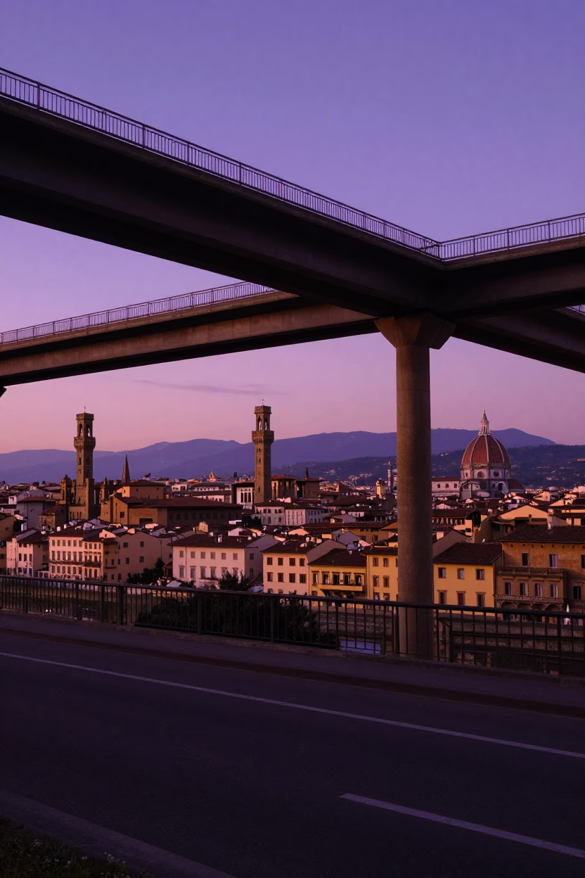 Florence Italy Sunset Skyline View Overpass Ramp Violet Evening Sky in in Florence, Italy