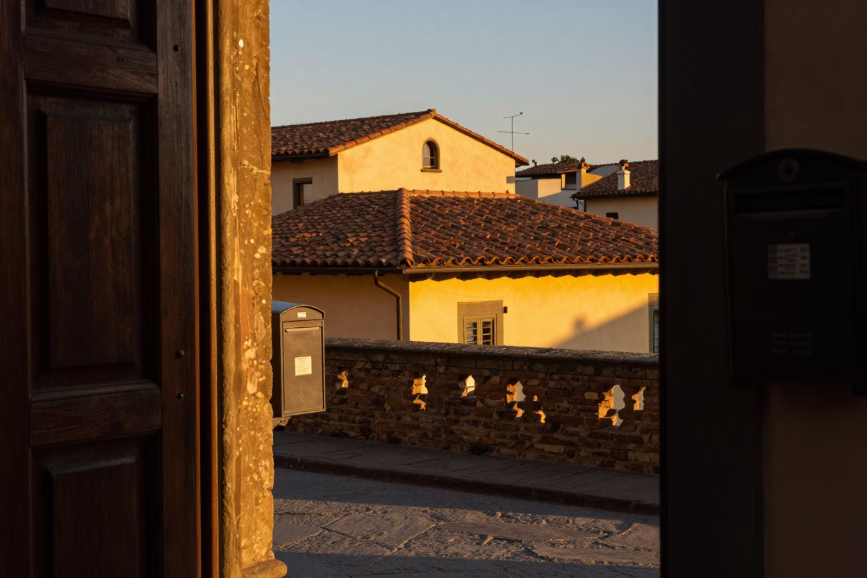 Florence Italy Sunset Street Scene with Doorframe and Mailbox in in Florence, Italy