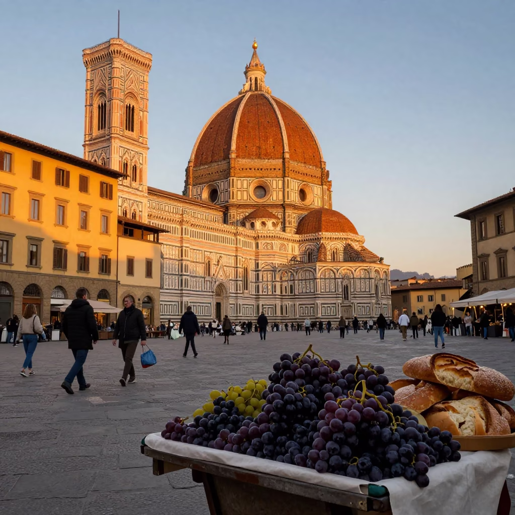 Florence Italy Sunset Street Scene with Grapes and Traditional Bread Oven in in Florence, Italy