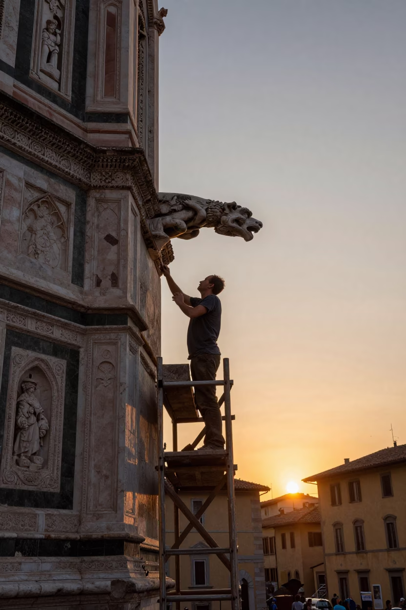 Florence Italy Sunset Street Scene with Stonemason Chiseling Gargoyle on Cathedral Scaffold in in Florence, Italy