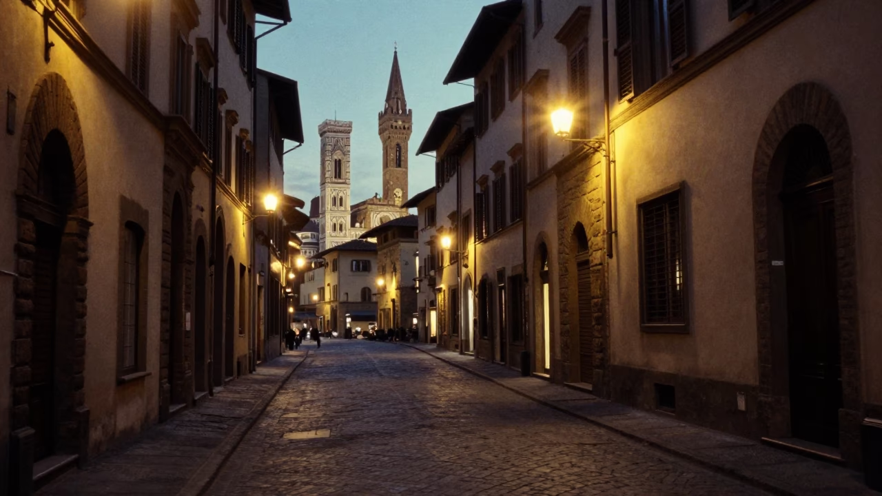 Florence Italy Twilight Street Scene with Cobblestones and City Lights in in Florence, Italy