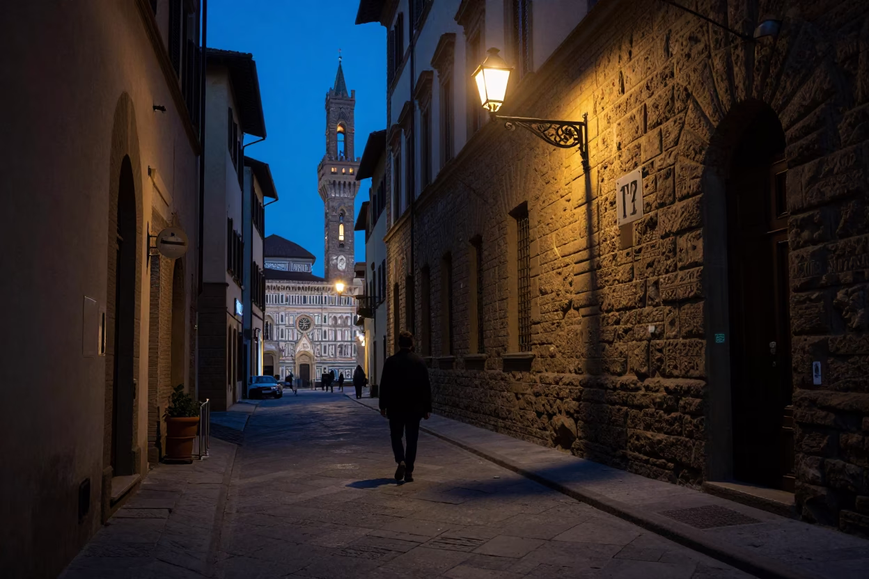 Florence Italy Twilight Street Scene with Night Watchman Lantern and Cobblestone Alleyway in in Florence, Italy
