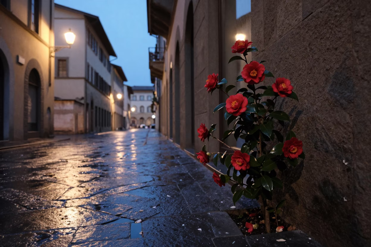 Florence Italy Twilight Street Scene with Red Flowers and Glass Bottles in in Florence, Italy