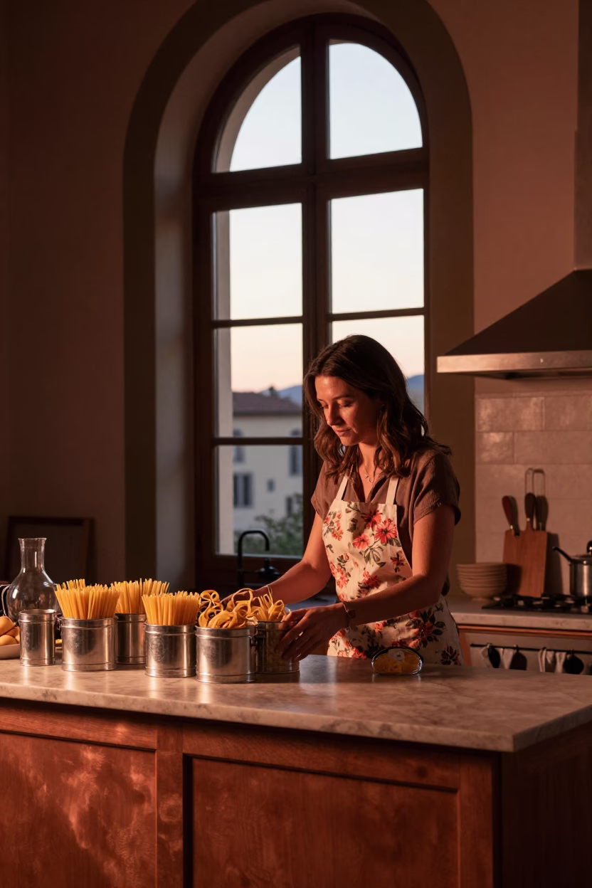 Florence Kitchen Counter at Copper-toned Light Before Dusk in in Florence, Italy