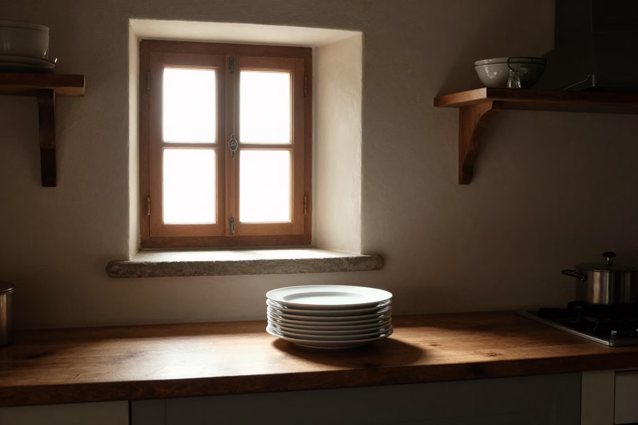 Florence Kitchen Scene at As First Light Reaches The Scene in in Florence, Italy