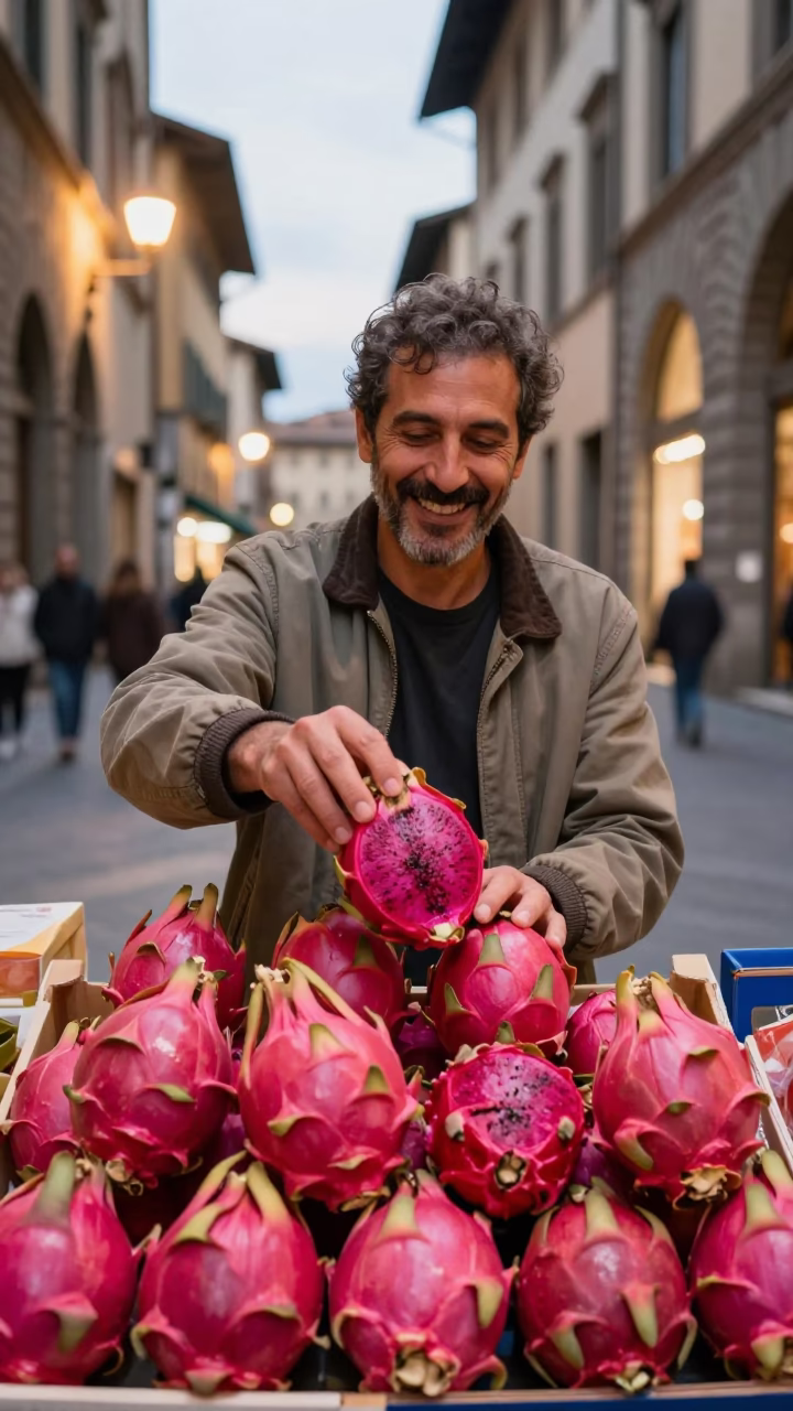 Florence Local Vendor Selling Fresh Dragon Fruit at As City Lights Begin To Glow in in Florence, Italy