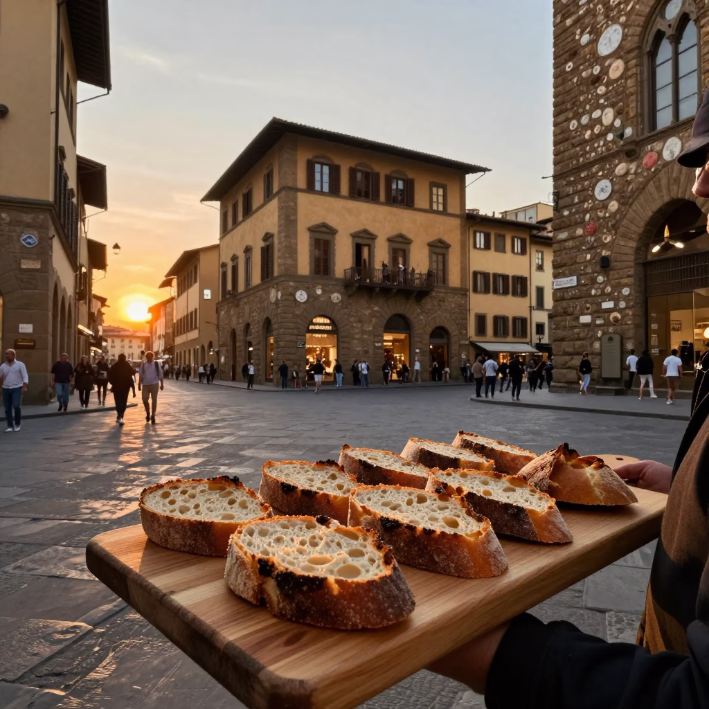 Florence Street Scene at Sunset with Wooden Bruschetta Board and Sourdough Bread in in Florence, Italy